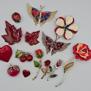 Vtg Red Brooch Lot Floral Butterfly Enamel Lucite Hearts Fruit Romantic Estate